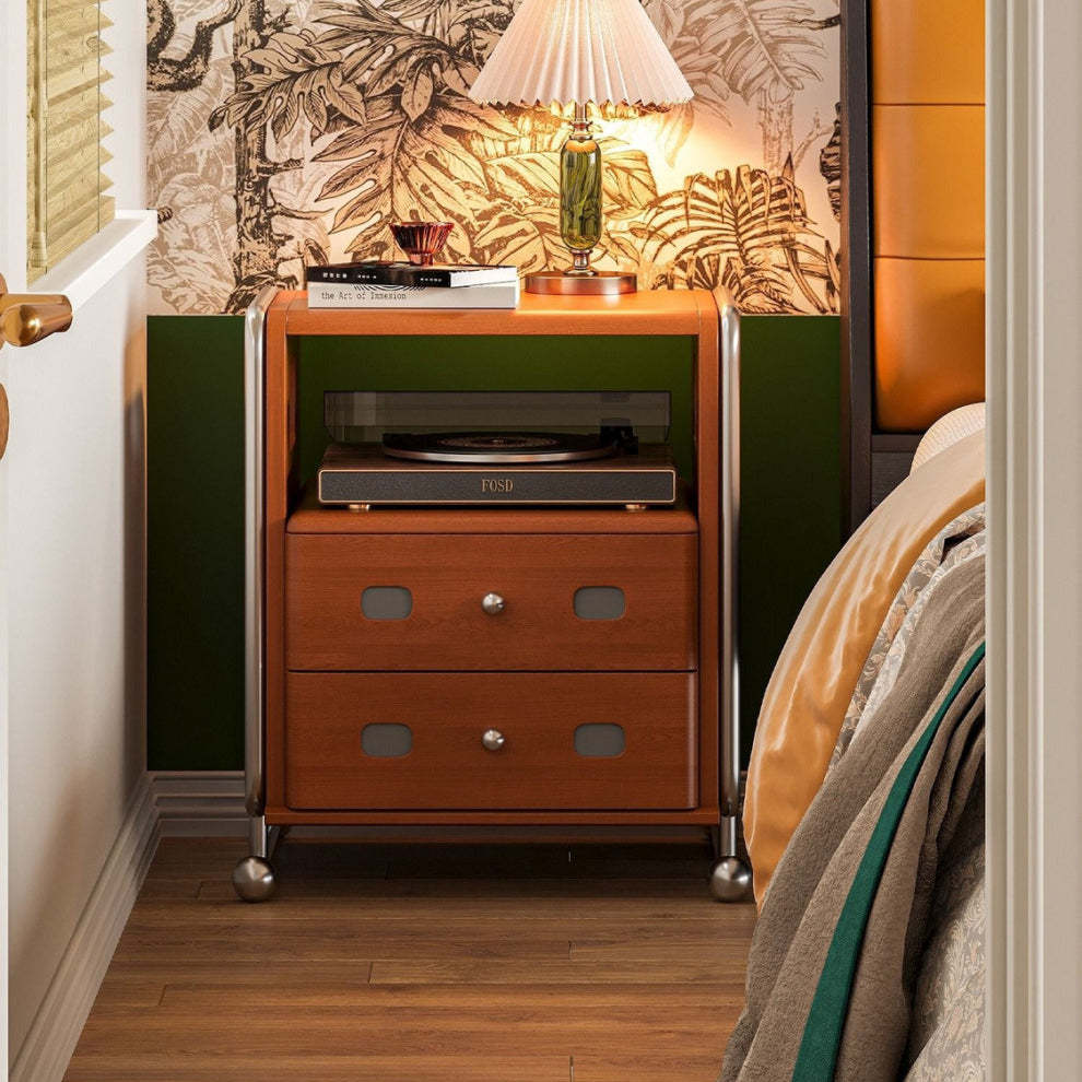 Mid-Century Solid Wood 2-Drawer Nightstand