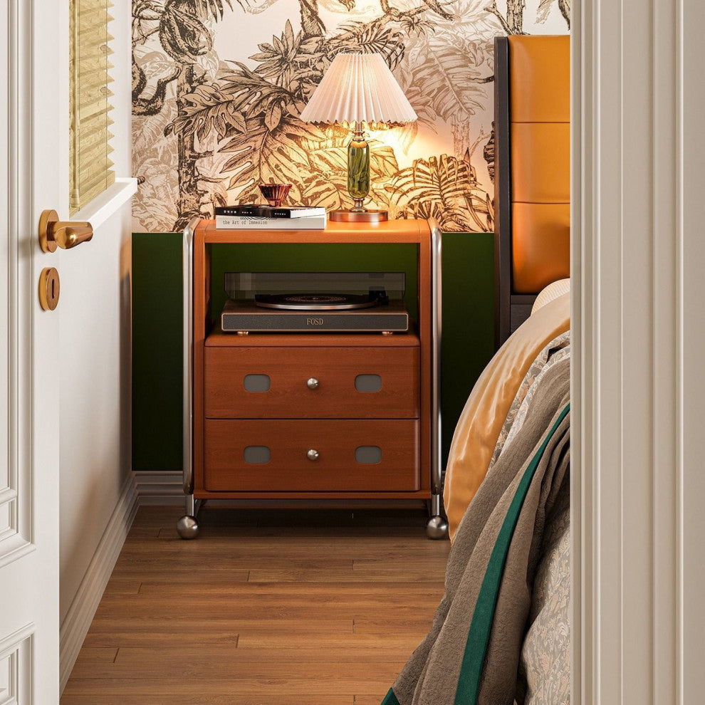 Mid-Century Solid Wood 2-Drawer Nightstand