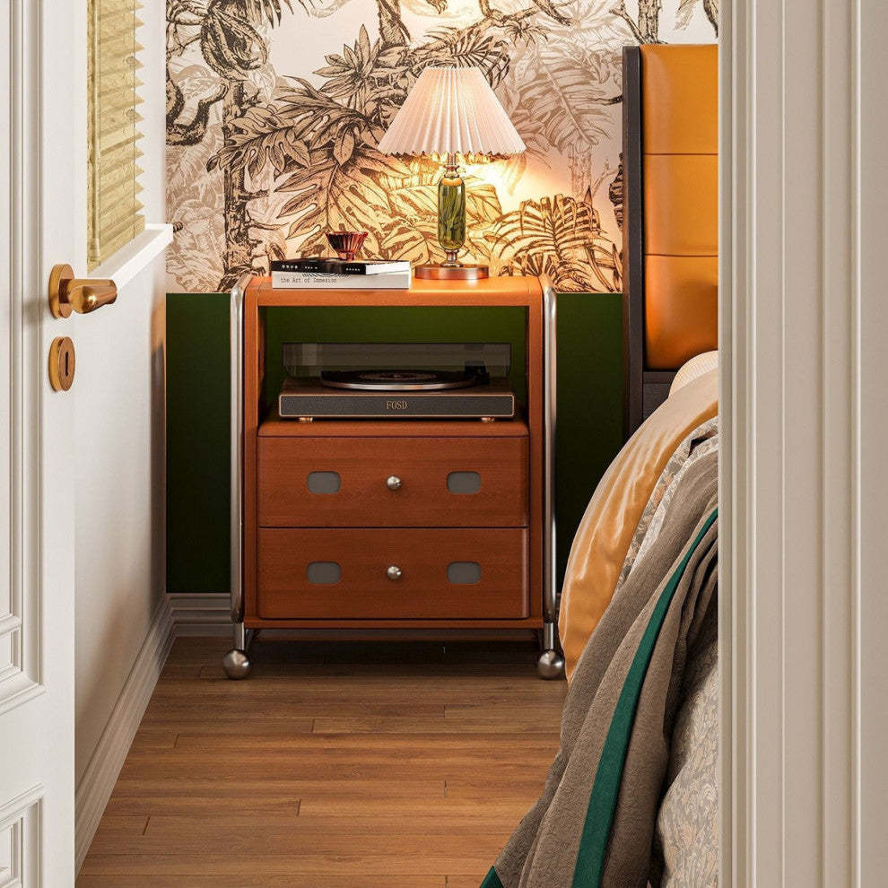 Mid-Century Solid Wood 2-Drawer Nightstand