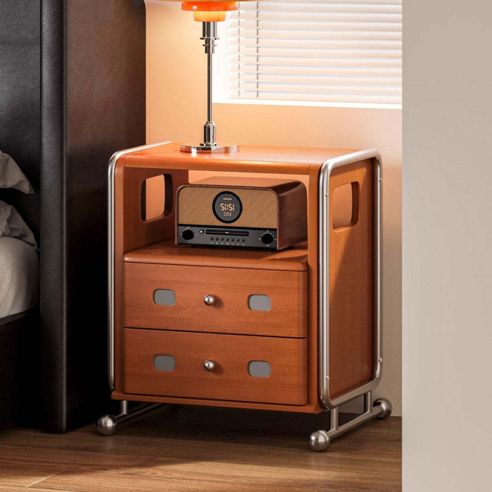 Mid-Century Solid Wood 2-Drawer Nightstand