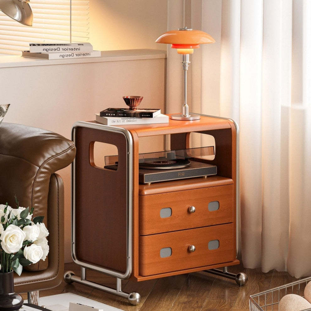 Mid-Century Solid Wood 2-Drawer Nightstand
