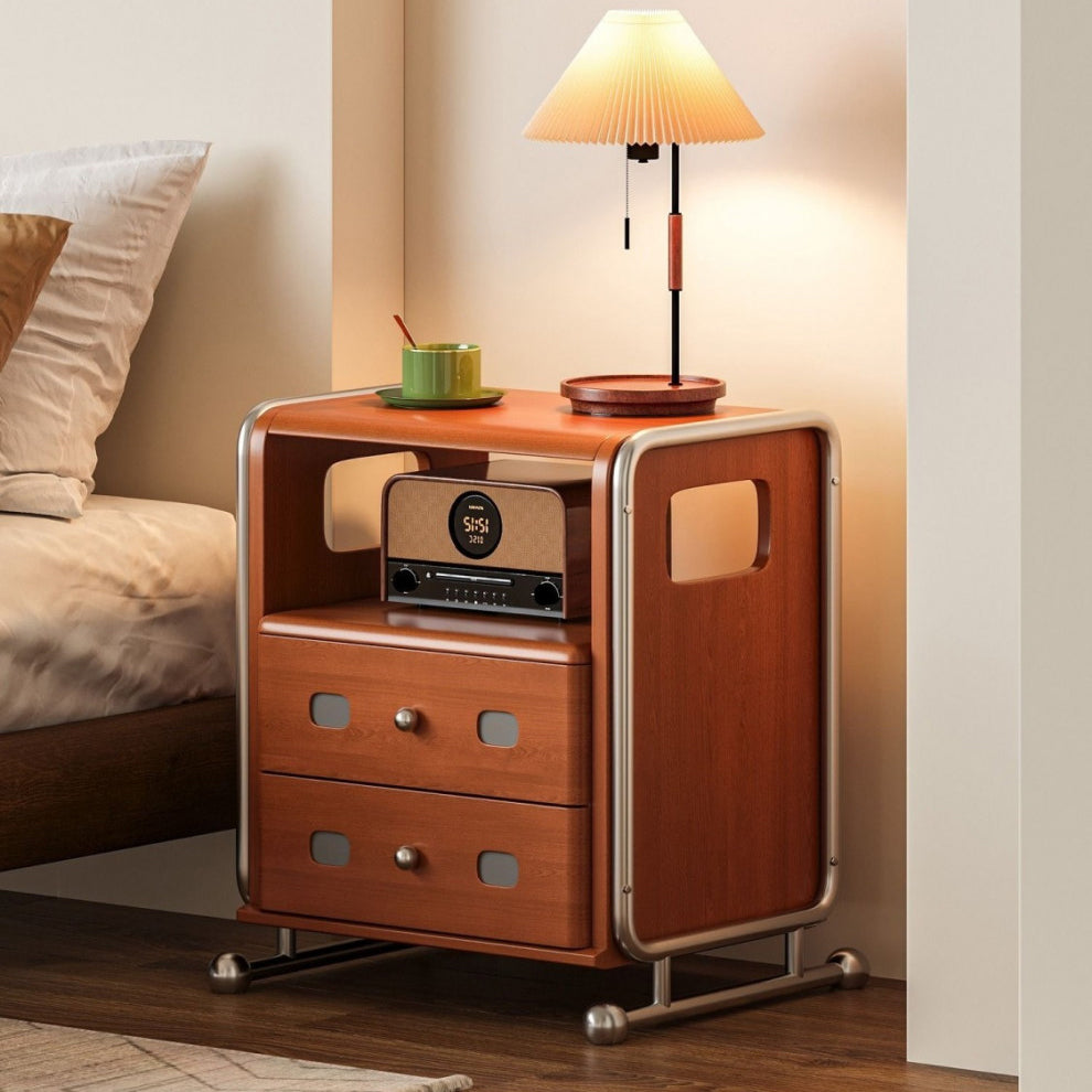 Mid-Century Solid Wood 2-Drawer Nightstand