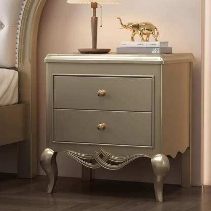 French Champagne Gold Cabriole-Leg Nightstand 2-Drawer