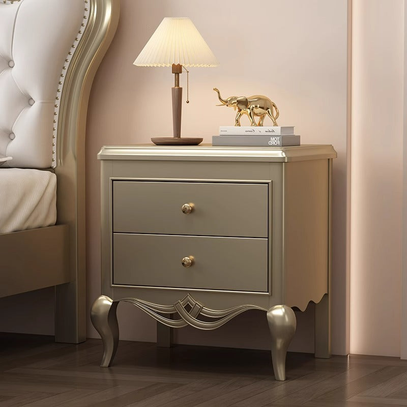 French Champagne Gold Cabriole-Leg Nightstand 2-Drawer — Champagne Gold