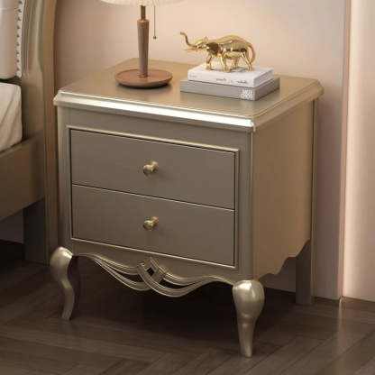 French Champagne Gold Cabriole-Leg Nightstand 2-Drawer
