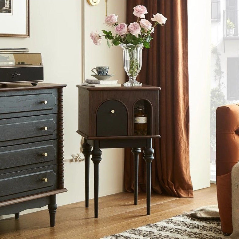 Mid-Century Wood Black Slim-Leg Side Table 1-Cabinet