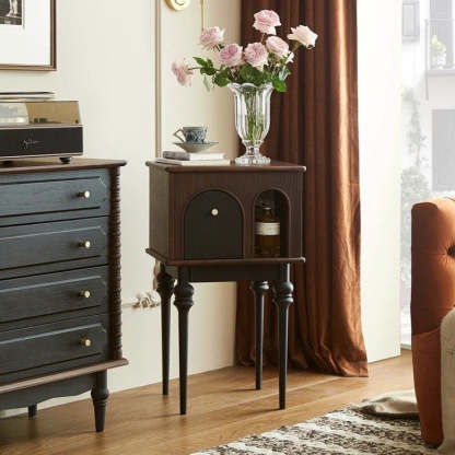 Mid-Century Wood Black Slim-Leg Side Table 1-Cabinet