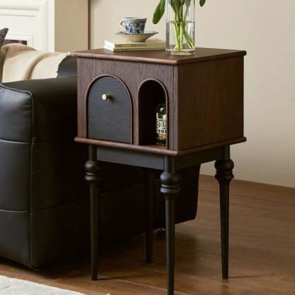 Mid-Century Wood Black Slim-Leg Side Table 1-Cabinet