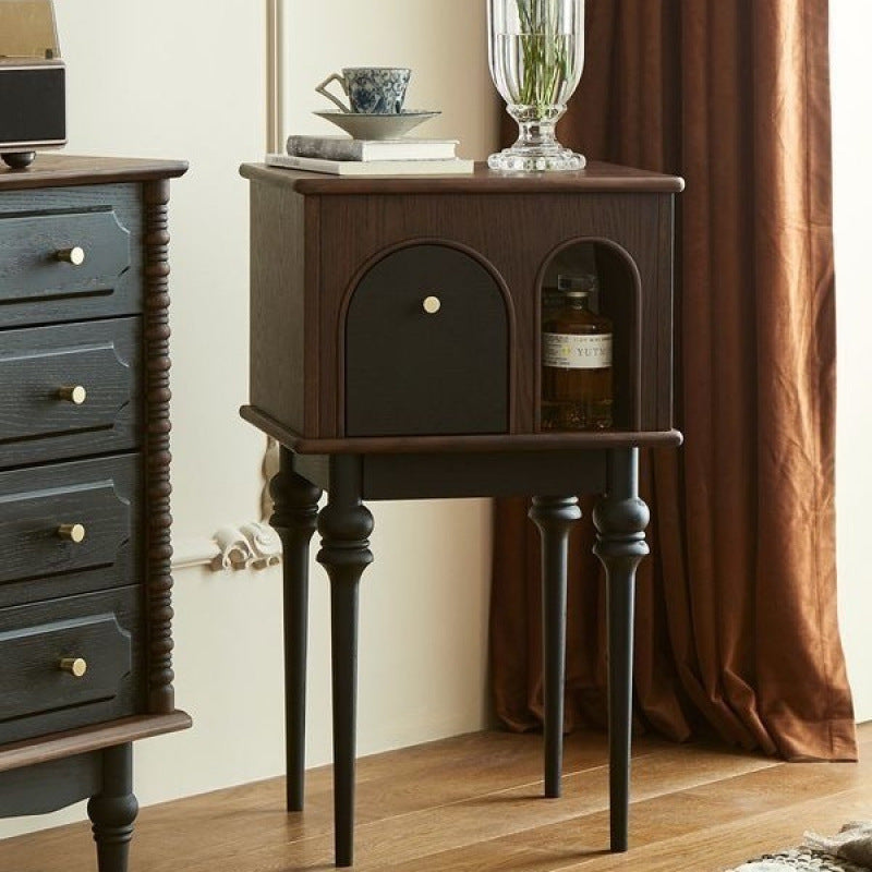 Mid-Century Wood Black Slim-Leg Side Table 1-Cabinet