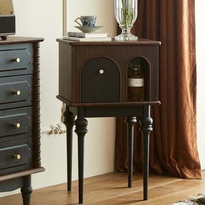Mid-Century Wood Black Slim-Leg Side Table 1-Cabinet