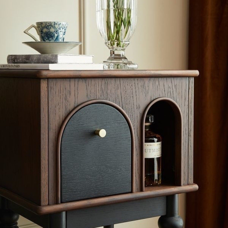 Mid-Century Wood Black Slim-Leg Side Table 1-Cabinet