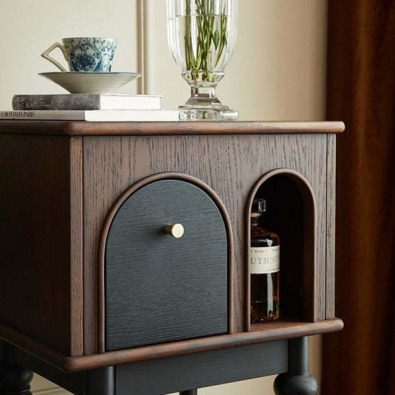 Mid-Century Wood Black Slim-Leg Side Table 1-Cabinet