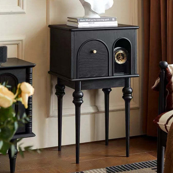 Mid-Century Wood Black Slim-Leg Side Table 1-Cabinet