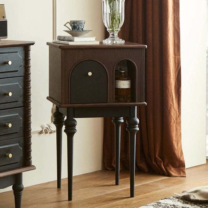 Mid-Century Wood Black Slim-Leg Side Table 1-Cabinet