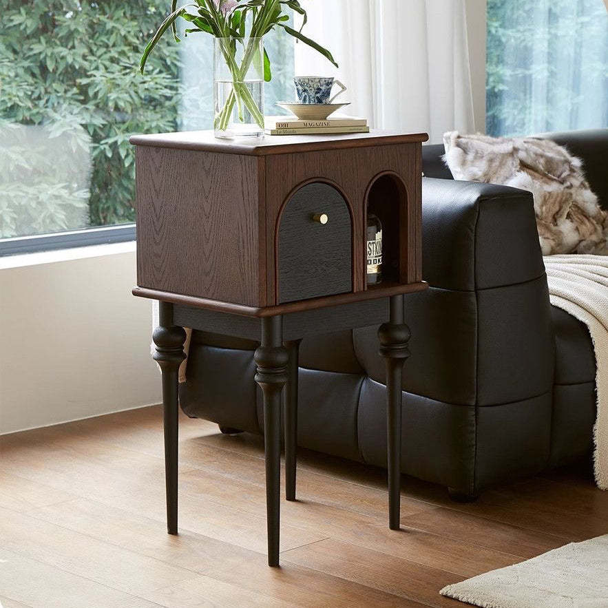 Mid-Century Wood Black Slim-Leg Side Table 1-Cabinet