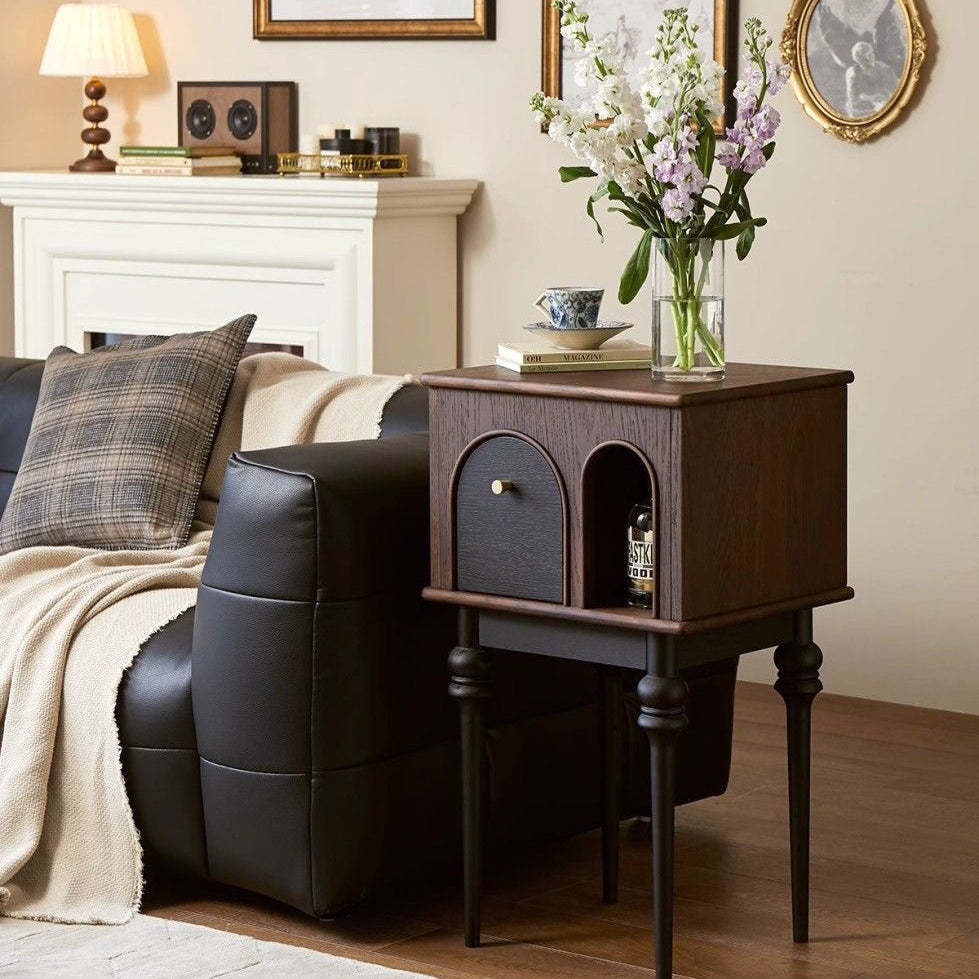 Mid-Century Wood Black Slim-Leg Side Table 1-Cabinet