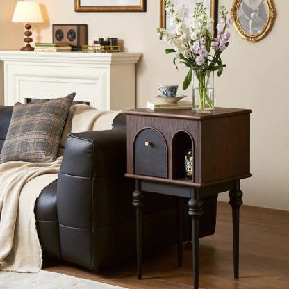 Mid-Century Wood Black Slim-Leg Side Table 1-Cabinet