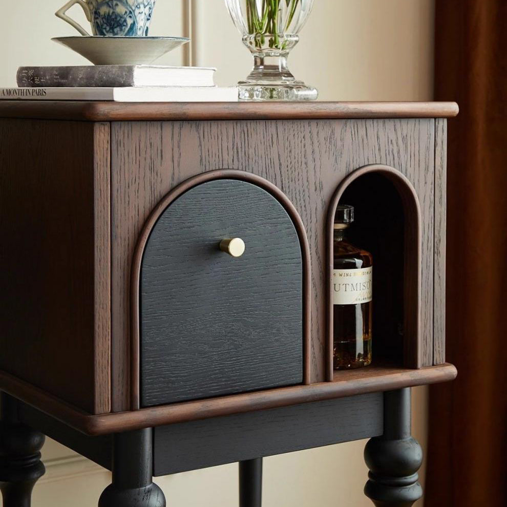 Mid-Century Wood Black Slim-Leg Side Table 1-Cabinet
