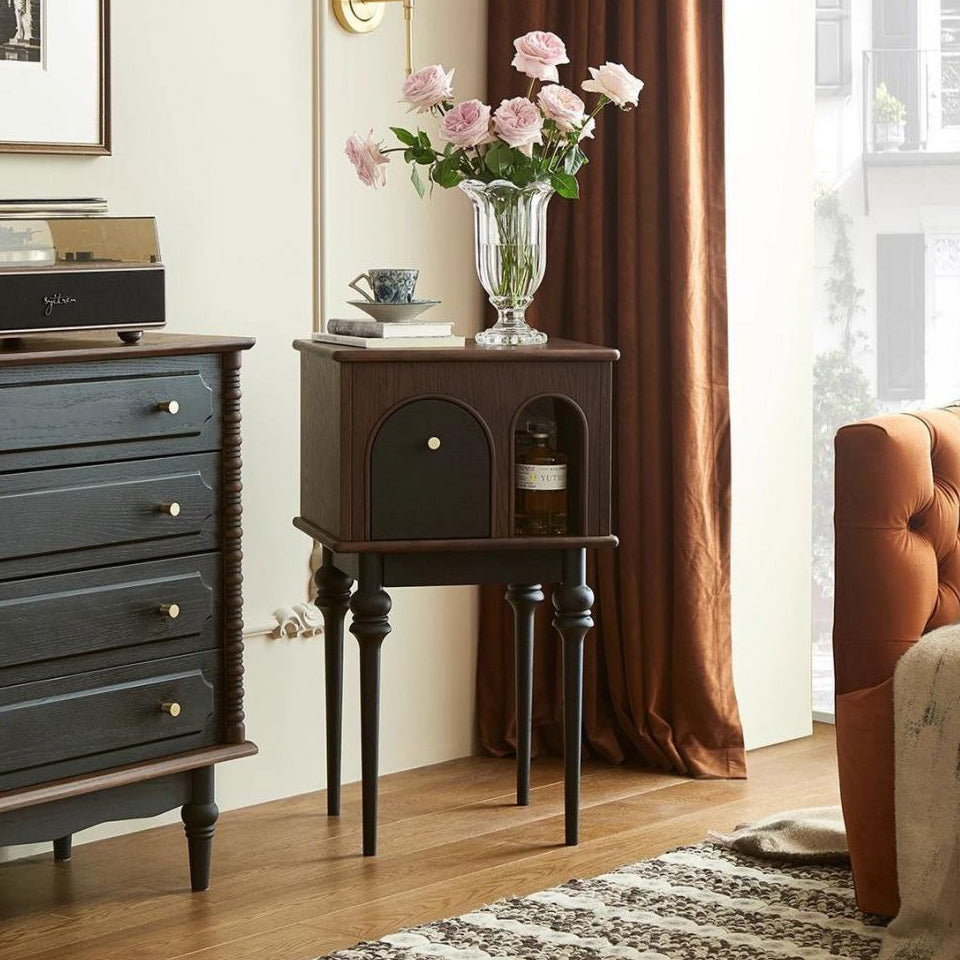 Mid-Century Wood Black Slim-Leg Side Table 1-Cabinet