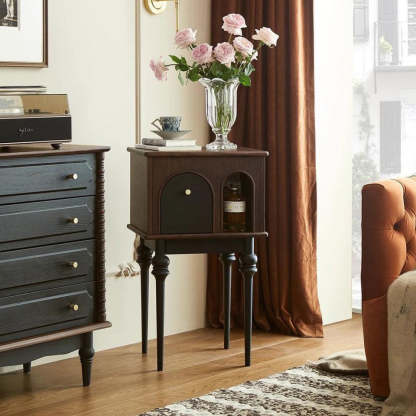 Mid-Century Wood Black Slim-Leg Side Table 1-Cabinet