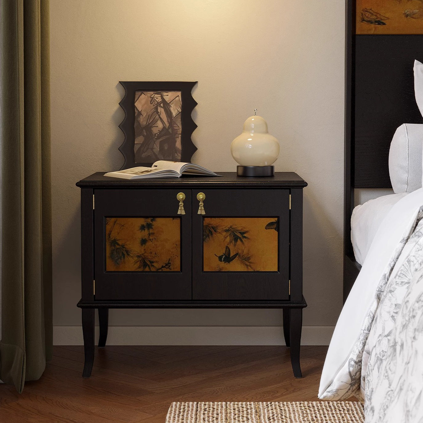 Mid-Century Silk Wood Nightstand 1-Cabinet