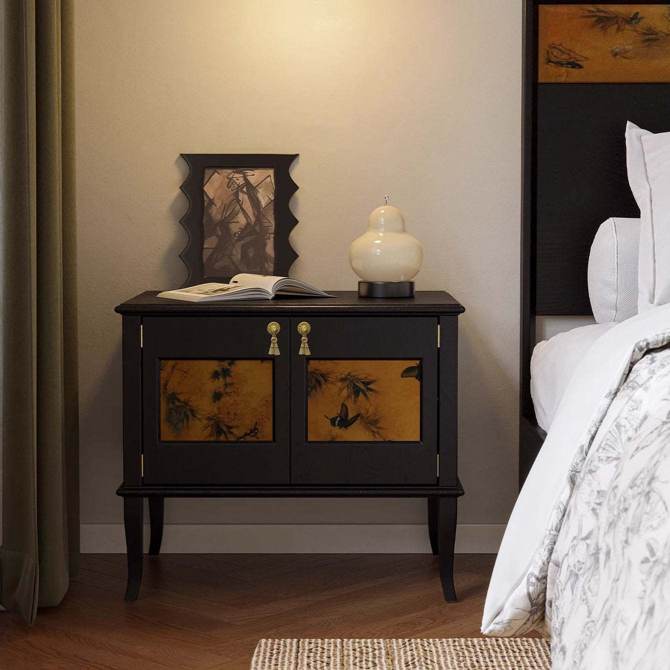 Mid-Century Silk Wood Nightstand 1-Cabinet