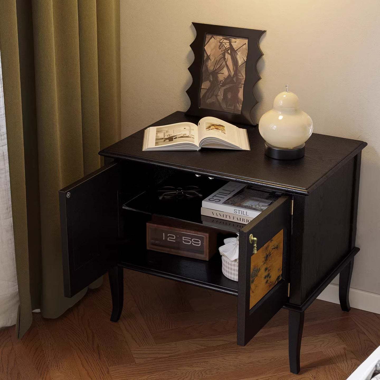 Mid-Century Silk Wood Nightstand 1-Cabinet