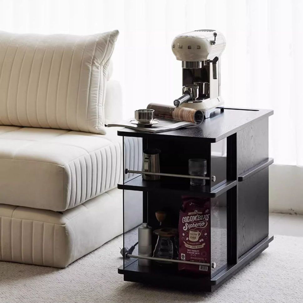 Minimalist Black Solid Wood 3-Cabinet Coffee Table