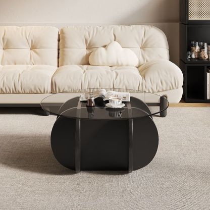 Eclectic Glass Rubberwood Round Coffee Table — Walnut Color
