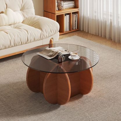 Eclectic Glass Rubberwood Round Coffee Table — Original Wood Color