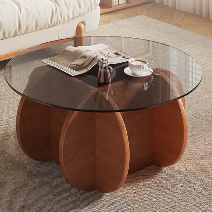 Eclectic Glass Rubberwood Round Coffee Table