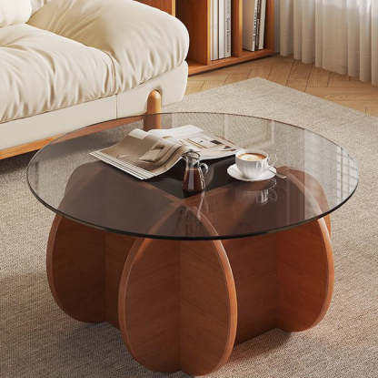 Eclectic Glass Rubberwood Round Coffee Table