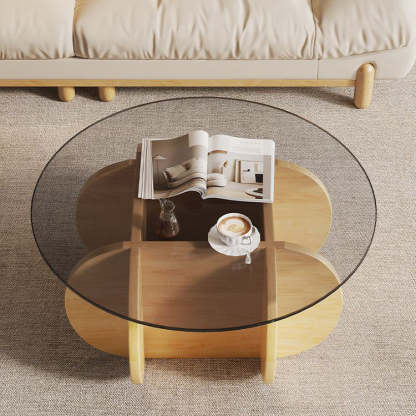 Eclectic Glass Rubberwood Round Coffee Table