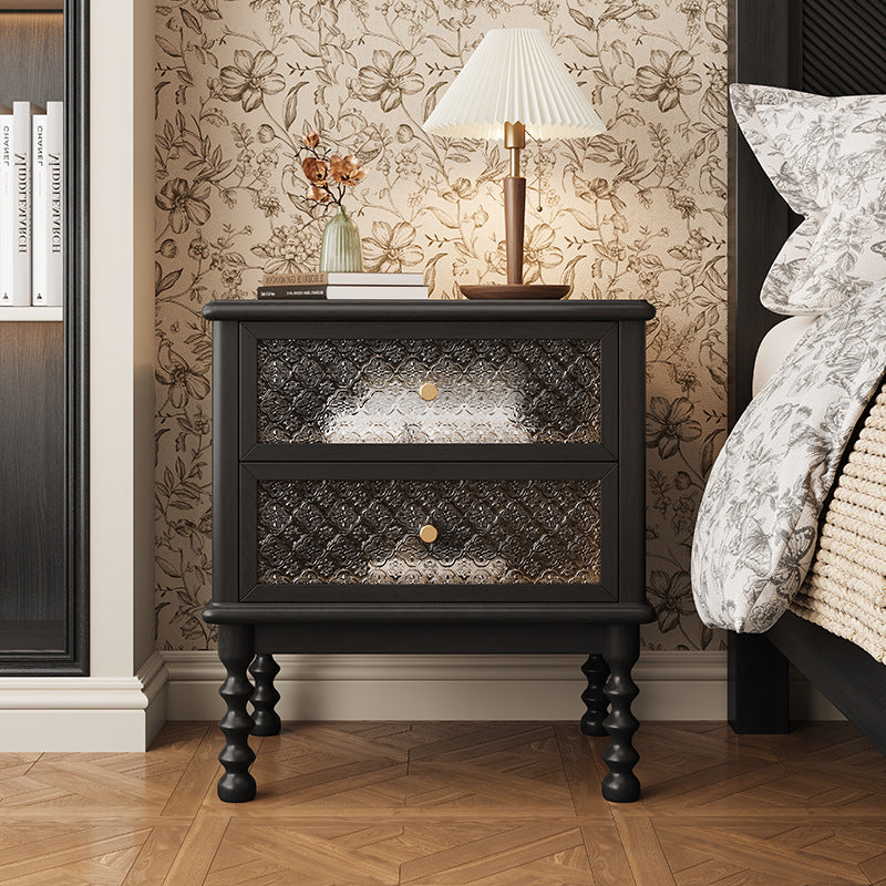 Vintage Carved Glass Wood Nightstand 2-Drawer — Black