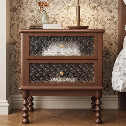 Vintage Carved Glass Wood Nightstand 2-Drawer