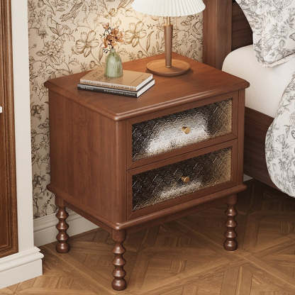 Vintage Carved Glass Wood Nightstand 2-Drawer
