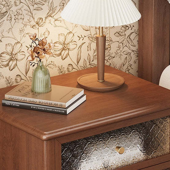 Vintage Carved Glass Wood Nightstand 2-Drawer