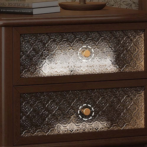 Vintage Carved Glass Wood Nightstand 2-Drawer