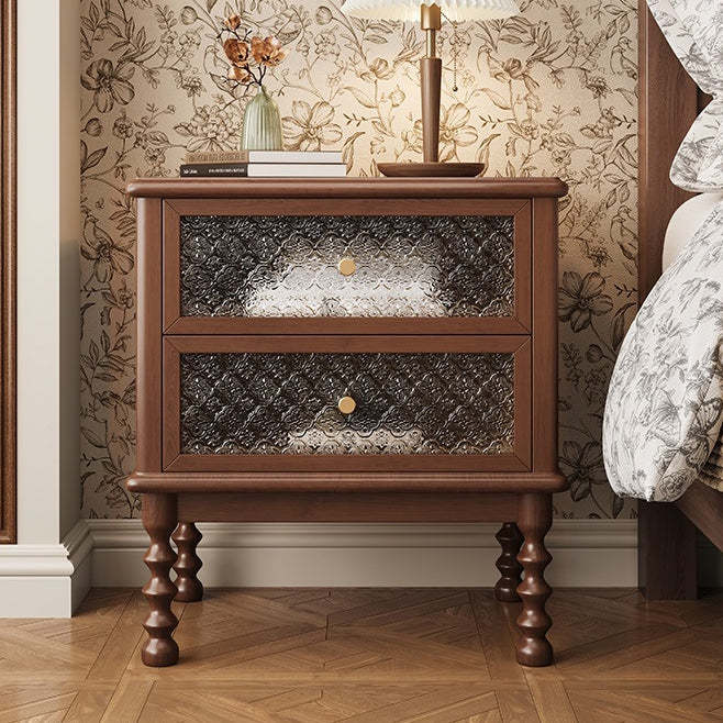 Lighom traditional carved 2-drawer walnut nightstands in glass