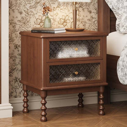 Vintage Carved Glass Wood Nightstand 2-Drawer