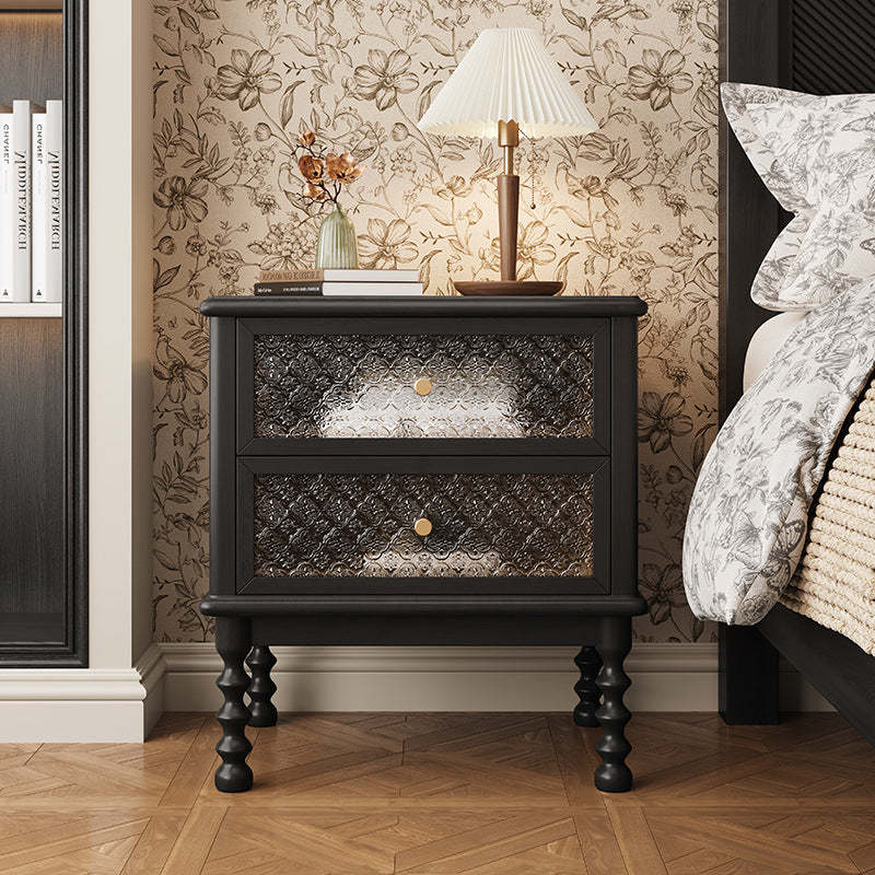 Vintage Carved Glass Wood Nightstand 2-Drawer — Black