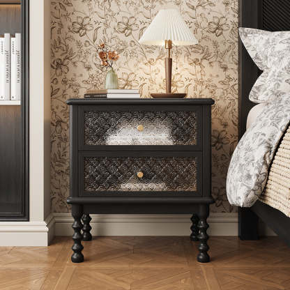 Vintage Carved Glass Wood Nightstand 2-Drawer — Black