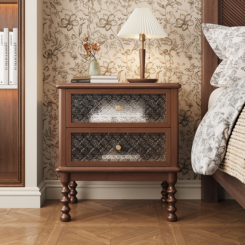 Vintage Carved Glass Wood Nightstand 2-Drawer — Walnut Color