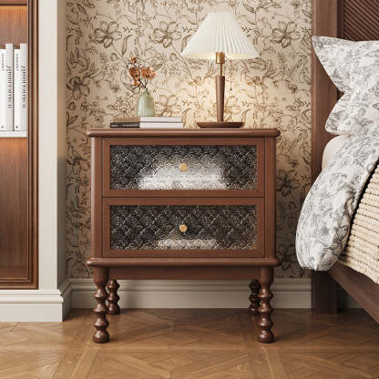 Vintage Carved Glass Wood Nightstand 2-Drawer — Walnut Color