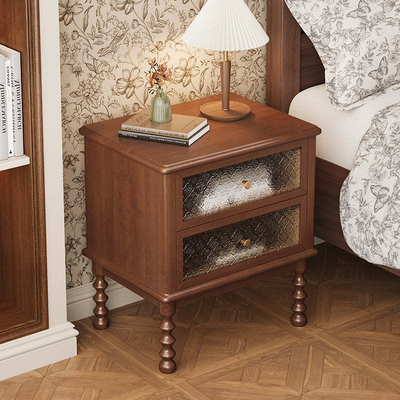 Vintage Carved Glass Wood Nightstand 2-Drawer