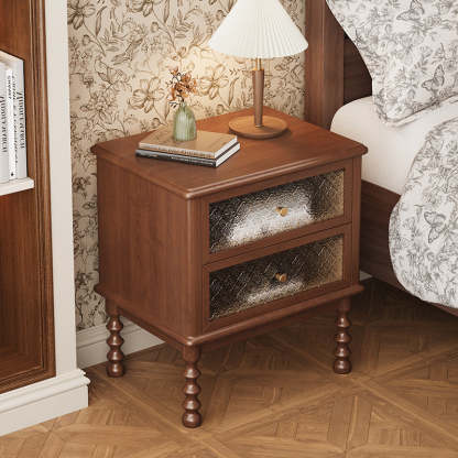 Vintage Carved Glass Wood Nightstand 2-Drawer