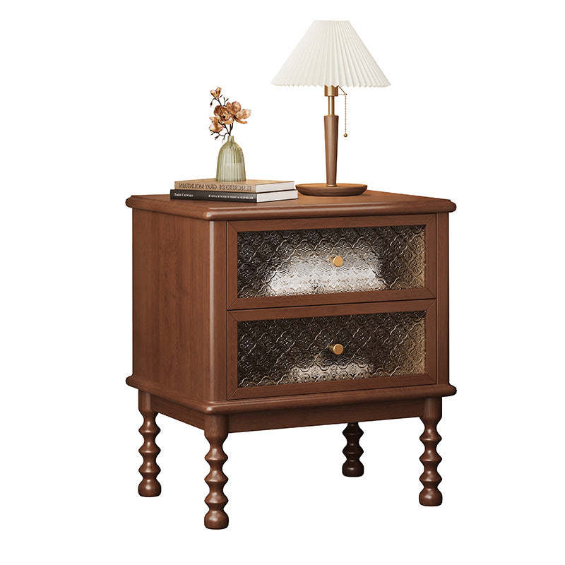 Vintage Carved Glass Wood Nightstand 2-Drawer