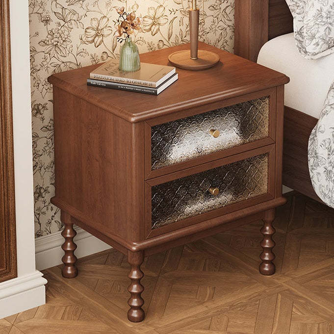 Vintage Carved Glass Wood Nightstand 2-Drawer