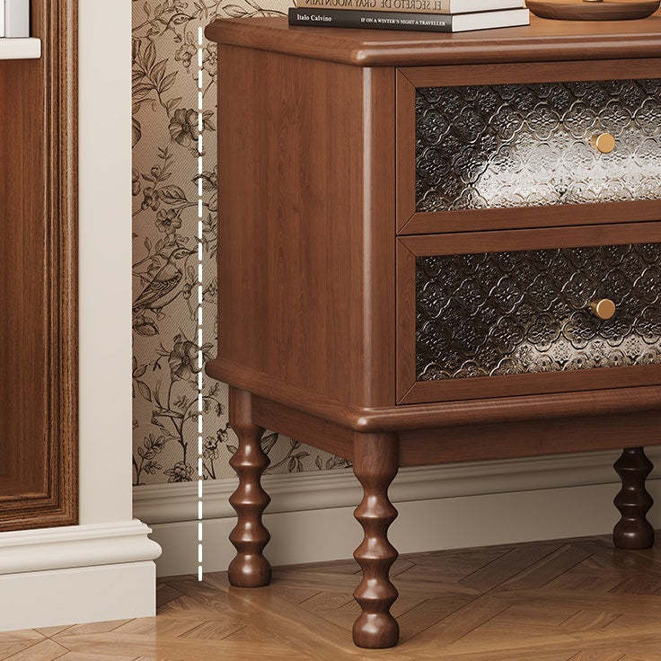 Vintage Carved Glass Wood Nightstand 2-Drawer