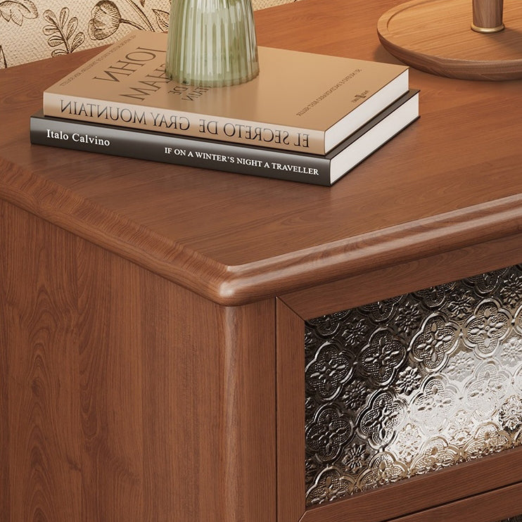 Vintage Carved Glass Wood Nightstand 2-Drawer